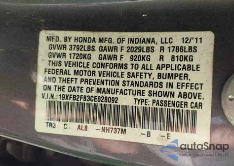 2012 Honda Civic Ex from USA, damaged, VIN 19XFB2F83CE028092